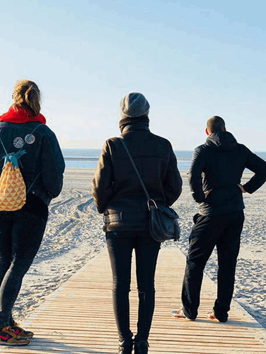 Drei Monkeys erfreuen sich am Blick auf den weiten Nordseestrand auf Langeoog